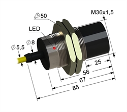Индуктивный датчик, М36, L-85 мм, Sn 20 мм, не заподлицо, PNP, замыкающий, NO, -25...+75 °C, 35...250 V AC, кабель ПВХ 5,5 мм/3x0,35/ 2 м.