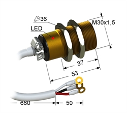 Индуктивный датчик, Sn 20 мм, заподлицо, PNP, размыкающий, NC, -40...+70 °C, 10...30 V DC, провод ПВАМ/3x1/ 3,06 м.