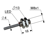 PS2-08M16-2B11-K Индуктивный датчик, М8, L-16 мм, Sn 2 мм, заподлицо, PNP, замыкающий, NO, -25...+75 °C, 5,5...30 V DC, кабель ПВХ 4 мм/3x0,14/ 2 м.