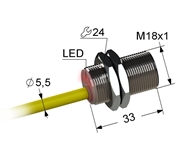 PS2-18M33-8B31-K Индуктивный датчик, М18, L-33 мм, Sn 8 мм, заподлицо, PNP, размыкающий, NC, -25...+75 °C, 5,5...30 V DC, кабель ПВХ 5,5 мм/3x0,35/ 2 м.