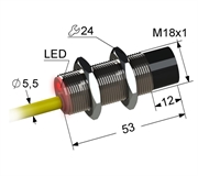 PS2-18M53-12N31-K Индуктивный датчик, М18, L-53 мм, Sn 12 мм, не заподлицо, PNP, размыкающий, NC, -25...+75 °C, 10...30 V DC, кабель ПВХ 5,5 мм/3x0,35/ 2 м..