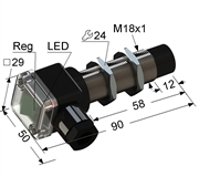 PS1-18M90-15N61-B Емкостный датчик, М18, L-90 мм, Sn 15 мм, не заподлицо, NPN, переключающий, NO+NC, -25...+75 °C, 10...30 V DC, клеммная коробка/вывод вбок.