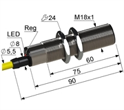 PS1-18M90-5B21-Z Емкостный датчик, М18, L-90 мм, Sn 5 мм, заподлицо, NPN, замыкающий, NO, -25...+75 °C, 10...30 V DC, кабель ПВХ 5,5 мм/3x0,35/ 2 м.
