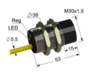 PS1-30M53-30N51-K Емкостный датчик, М30, L-53 мм, Sn 30 мм, не заподлицо, PNP, переключающий, NO+NC, -25...+75 °C, 10...30 V DC, кабель ПВХ 5,5 мм/4x0,2/ 2 м.