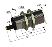 PS1-30M80-10B21-Z Емкостный датчик, М30, L-80 мм, Sn 10 мм, заподлицо, NPN, замыкающий, NO, -25...+75 °C, 10...30 V DC, кабель ПВХ 5,5 мм/3x0,35/ 2 м.