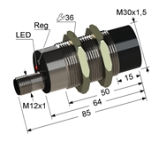 PS1-30M85-20N74-C27 Емкостный датчик, М30, L-85 мм, Sn 20 мм, не заподлицо, замыкающий, NO, -25...+75 °C, ~24...250 V, 45...65 Гц АС / -30...250 V DC, разъем/М12/3-конт.