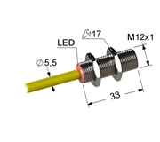 PS5-12M33-B21-K Магниточувствительный датчик с герконом, M12, L-33 мм, заподлицо, NPN, замыкающий, NO, -25...+75 °C, 10...30 V DC, кабель ПВХ 5,5 мм/3x0,35/ 2 м.