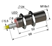Индуктивный датчик, М18, L-68 мм, Sn 12 мм, заподлицо, PNP, размыкающий, NC, -25...+75 °C, 10...30 V DC, кабель ПВХ 5,5 мм/3x0,35/ 2 м.