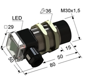 Индуктивный датчик, M30, L-80 мм, Sn 25 мм, не заподлицо, PNP, размыкающий, NC, -25...+75 °C, 10...30 V DC, клеммная коробка/вывод вбок.