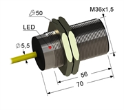 Индуктивный датчик, М36, L-70 мм, Sn 12 мм, заподлицо, PNP, замыкающий, NO, -25...+75 °C, 35...250 V AC, кабель ПВХ 5,5 мм/3x0,35/ 2 м.