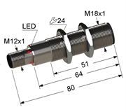 Оптический датчик (ПРИЕМНИК барьерной пары) в цилиндрическом корпусе с резьбой М18x1 длиной 80 мм. Sn 16000 мм, PNP, переключающий, NO+NC, -20...+70 °C, 10...30 V DC, разъем/М12/4-конт.