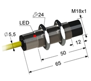 Индуктивный датчик, М18, L-65 мм, Sn 8 мм, не заподлицо, PNP, -25...+75 °C, 12...30 V DC, кабель ПВХ 5,5 мм/3x0,35/ 2 м.