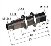 Индуктивный датчик, М18, L-75 мм, Sn 8 мм, не заподлицо, PNP, -25...+75 °C, 12...30 V DC, разъем/М12/4-конт.