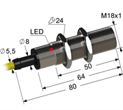 Индуктивный датчик, М18, L-80 мм, Sn 5 мм, заподлицо, PNP, -25...+75 °C, 12...30 V DC, кабель ПВХ 5,5 мм/3x0,35/ 2 м.