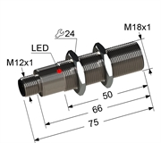 Индуктивный датчик, М18, L-75 мм, Sn 5 мм, заподлицо, PNP, -25...+75 °C, 12...30 V DC, разъем/М12/4-конт.