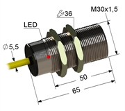 Индуктивный датчик, М30, L-65 мм, Sn 15 мм, заподлицо, PNP, -25...+75 °C, 12...30 V DC, кабель ПВХ 5,5 мм/3x0,35/ 2 м.