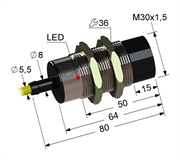Индуктивный датчик, М30, L-80 мм, Sn 15 мм, не заподлицо, PNP, -25...+75 °C, 12...30 V DC, кабель ПВХ 5,5 мм/3x0,35/ 2 м.