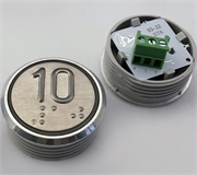 Кнопка приказа. Cимвол: 10-й этаж; код Брайля: имеется; материалы: нержавеющая сталь, алюминий, пластик; подсветка: красная; установочное место: 32 мм.