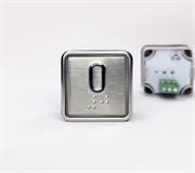 Кнопка приказа квадратная. Cимвол: нулевой этаж; код Брайля: имеется; материалы: нержавеющая сталь, алюминий, пластик; подсветка: красная; установочное место: 32,5 мм.