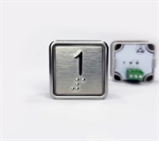 Кнопка приказа квадратная. Cимвол: 1-й этаж; код Брайля: имеется; материалы: нержавеющая сталь, алюминий, пластик; подсветка: красная; установочное место: 32,5 мм.