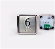 Кнопка приказа квадратная. Cимвол: 6-й этаж; код Брайля: имеется; материалы: нержавеющая сталь, алюминий, пластик; подсветка: красная; установочное место: 32,5 мм.