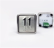 Кнопка приказа квадратная. Cимвол: 11-й этаж; код Брайля: имеется; материалы: нержавеющая сталь, алюминий, пластик; подсветка: красная; установочное место: 32,5 мм.