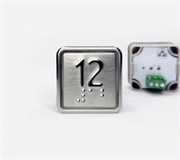 Кнопка приказа квадратная. Cимвол: 12-й этаж; код Брайля: имеется; материалы: нержавеющая сталь, алюминий, пластик; подсветка: красная; установочное место: 32,5 мм.