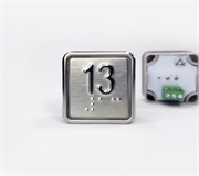 Кнопка приказа квадратная. Cимвол: 13-й этаж; код Брайля: имеется; материалы: нержавеющая сталь, алюминий, пластик; подсветка: красная; установочное место: 32,5 мм.