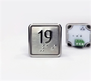 Кнопка приказа квадратная. Cимвол: 19-й этаж; код Брайля: имеется; материалы: нержавеющая сталь, алюминий, пластик; подсветка: красная; установочное место: 32,5 мм.