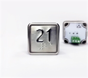 Кнопка приказа квадратная. Cимвол: 21-й этаж; код Брайля: имеется; материалы: нержавеющая сталь, алюминий, пластик; подсветка: красная; установочное место: 32,5 мм.