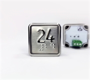 Кнопка приказа квадратная. Cимвол: 24-й этаж; код Брайля: имеется; материалы: нержавеющая сталь, алюминий, пластик; подсветка: красная; установочное место: 32,5 мм.