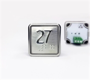 Кнопка приказа квадратная. Cимвол: 27-й этаж; код Брайля: имеется; материалы: нержавеющая сталь, алюминий, пластик; подсветка: красная; установочное место: 32,5 мм.