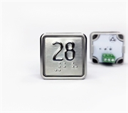 Кнопка приказа квадратная. Cимвол: 28-й этаж; код Брайля: имеется; материалы: нержавеющая сталь, алюминий, пластик; подсветка: красная; установочное место: 32,5 мм.