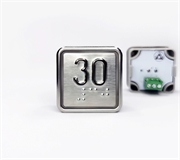 Кнопка приказа квадратная. Cимвол: 30-й этаж; код Брайля: имеется; материалы: нержавеющая сталь, алюминий, пластик; подсветка: красная; установочное место: 32,5 мм.