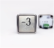 Кнопка приказа квадратная. Cимвол: минус 3-й этаж; код Брайля: имеется; материалы: нержавеющая сталь, алюминий, пластик; подсветка: красная; установочное место: 32,5 мм.