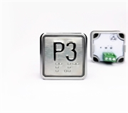 Кнопка приказа квадратная. Cимвол: 3-й парковочный этаж; код Брайля: имеется; материалы: нержавеющая сталь, алюминий, пластик; подсветка: красная; установочное место: 32,5 мм.