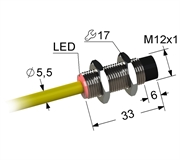 Индуктивный датчик, М12, L-33 мм, Sn 8 мм, не заподлицо, NPN, замыкающий, NO, -25...+75 °C, 10...30 V DC, кабель ПВХ 5,5 мм/3x0,35/ 2 м.