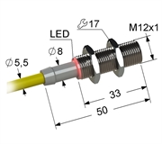 Индуктивный датчик, М12, L-50 мм, Sn 2 мм, заподлицо, PNP, замыкающий, NO, -25...+75 °C, 5,5...30 V DC, кабель ПВХ 5,5 мм/3x0,35/ 2 м.