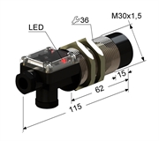 Индуктивный датчик, M30, L-115 мм, Sn 15 мм, не заподлицо, NPN, переключающий, NO+NC, -25...+75 °C, 10...30 V DC, клеммная коробка/вывод прямо и вбок.