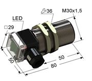 Индуктивный датчик, M30, L-80 мм, Sn 15 мм, заподлицо, PNP, замыкающий, NO, -25...+75 °C, 5,5...30 V DC, клеммная коробка/вывод вбок.